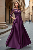 Grape Satin Illusion Boat Neck Maxi Mother of the Bride Dress with Lace