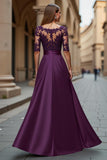 Grape Satin Illusion Boat Neck Maxi Mother of the Bride Dress with Lace