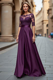 Grape Satin Illusion Boat Neck Maxi Mother of the Bride Dress with Lace