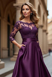 Grape Satin Illusion Boat Neck Maxi Mother of the Bride Dress with Lace