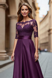 Grape Satin Illusion Boat Neck Maxi Mother of the Bride Dress with Lace