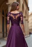 Grape Satin Illusion Boat Neck Maxi Mother of the Bride Dress with Lace