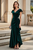 Velvet Pine V-Neck Ruched Maxi Mother of the Bride Dress with Ruffles