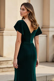 Velvet Pine V-Neck Ruched Maxi Mother of the Bride Dress with Ruffles