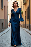 Navy Mermaid V-Neck Maxi Mother of the Bride Dress with Sleeves