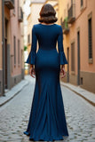 Navy Mermaid V-Neck Maxi Mother of the Bride Dress with Sleeves