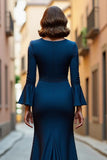 Navy Mermaid V-Neck Maxi Mother of the Bride Dress with Sleeves