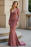 Vintage Mauve Mermaid Ruched Maxi Mother of the Bride Dress with Sleeves