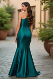 Peacock Green Satin Ruched One Shoulder Maxi Mother of the Bride Dress