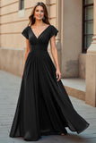Black V-Neck Chiffon Cap Sleeves Ruched Maxi Mother of the Bride Dress