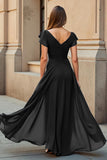 Black V-Neck Chiffon Cap Sleeves Ruched Maxi Mother of the Bride Dress