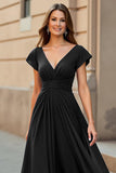 Black V-Neck Chiffon Cap Sleeves Ruched Maxi Mother of the Bride Dress