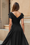 Black V-Neck Chiffon Cap Sleeves Ruched Maxi Mother of the Bride Dress