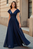 Black V-Neck Chiffon Cap Sleeves Ruched Maxi Mother of the Bride Dress