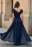 Black V-Neck Chiffon Cap Sleeves Ruched Maxi Mother of the Bride Dress
