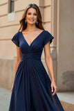 Black V-Neck Chiffon Cap Sleeves Ruched Maxi Mother of the Bride Dress