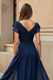 Black V-Neck Chiffon Cap Sleeves Ruched Maxi Mother of the Bride Dress