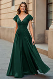 Black V-Neck Chiffon Cap Sleeves Ruched Maxi Mother of the Bride Dress