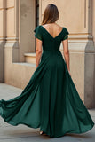 Black V-Neck Chiffon Cap Sleeves Ruched Maxi Mother of the Bride Dress