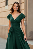 Black V-Neck Chiffon Cap Sleeves Ruched Maxi Mother of the Bride Dress