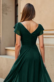 Black V-Neck Chiffon Cap Sleeves Ruched Maxi Mother of the Bride Dress