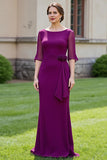 Grape Floral Boat Neck Mermaid Maxi Mother of the Bride Dress with Sleeves