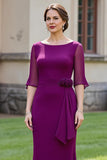 Grape Floral Boat Neck Mermaid Maxi Mother of the Bride Dress with Sleeves