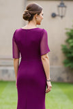 Grape Floral Boat Neck Mermaid Maxi Mother of the Bride Dress with Sleeves