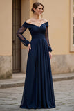 Navy Ruched Chiffon Maxi Mother of the Bride Dress with Sleeves