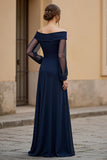 Navy Ruched Chiffon Maxi Mother of the Bride Dress with Sleeves