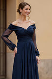 Navy Ruched Chiffon Maxi Mother of the Bride Dress with Sleeves