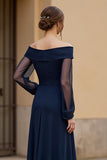 Navy Ruched Chiffon Maxi Mother of the Bride Dress with Sleeves