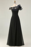 Black Chiffon One Shoulder Ruffled Long Mother of the Bride Dress with Lace