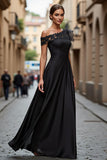 Black Chiffon Ruffled One Shoulder Maxi Mother of the Bride Dress with Lace