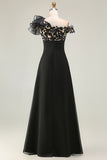 Black Chiffon One Shoulder Ruffled Long Mother of the Bride Dress with Lace