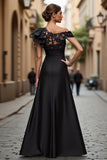 Black Chiffon Ruffled One Shoulder Maxi Mother of the Bride Dress with Lace