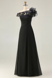 Black Chiffon One Shoulder Ruffled Long Mother of the Bride Dress with Lace