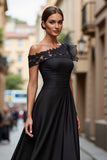 Black Chiffon Ruffled One Shoulder Maxi Mother of the Bride Dress with Lace
