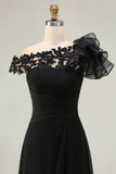 Black Chiffon One Shoulder Ruffled Long Mother of the Bride Dress with Lace