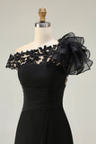 Black Chiffon One Shoulder Ruffled Long Mother of the Bride Dress with Lace