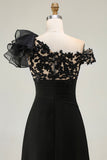 Black Chiffon One Shoulder Ruffled Long Mother of the Bride Dress with Lace