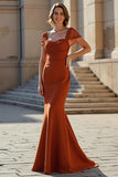 Rust Satin Mermaid Cap Sleeves Maxi Mother of the Bride Dress with Lace