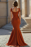 Rust Satin Mermaid Cap Sleeves Maxi Mother of the Bride Dress with Lace