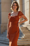 Rust Satin Mermaid Cap Sleeves Maxi Mother of the Bride Dress with Lace