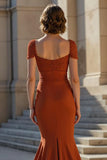 Rust Satin Mermaid Cap Sleeves Maxi Mother of the Bride Dress with Lace