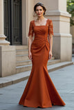 Mermaid Rust Satin Ruched Maxi Mother of the Bride Dress with Lace