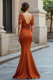 Mermaid Rust Satin Ruched Maxi Mother of the Bride Dress with Lace