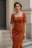 Mermaid Rust Satin Ruched Maxi Mother of the Bride Dress with Lace