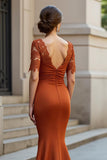 Mermaid Rust Satin Ruched Maxi Mother of the Bride Dress with Lace