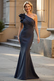 Maxi Black Satin Floral One Shoulder Mermaid Mother of the Bride Dress